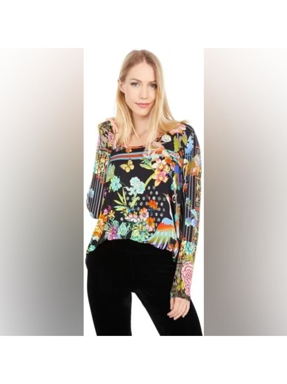 Johnny Was Dreamer Long Sleeve Vee Swing Tee Sz-L